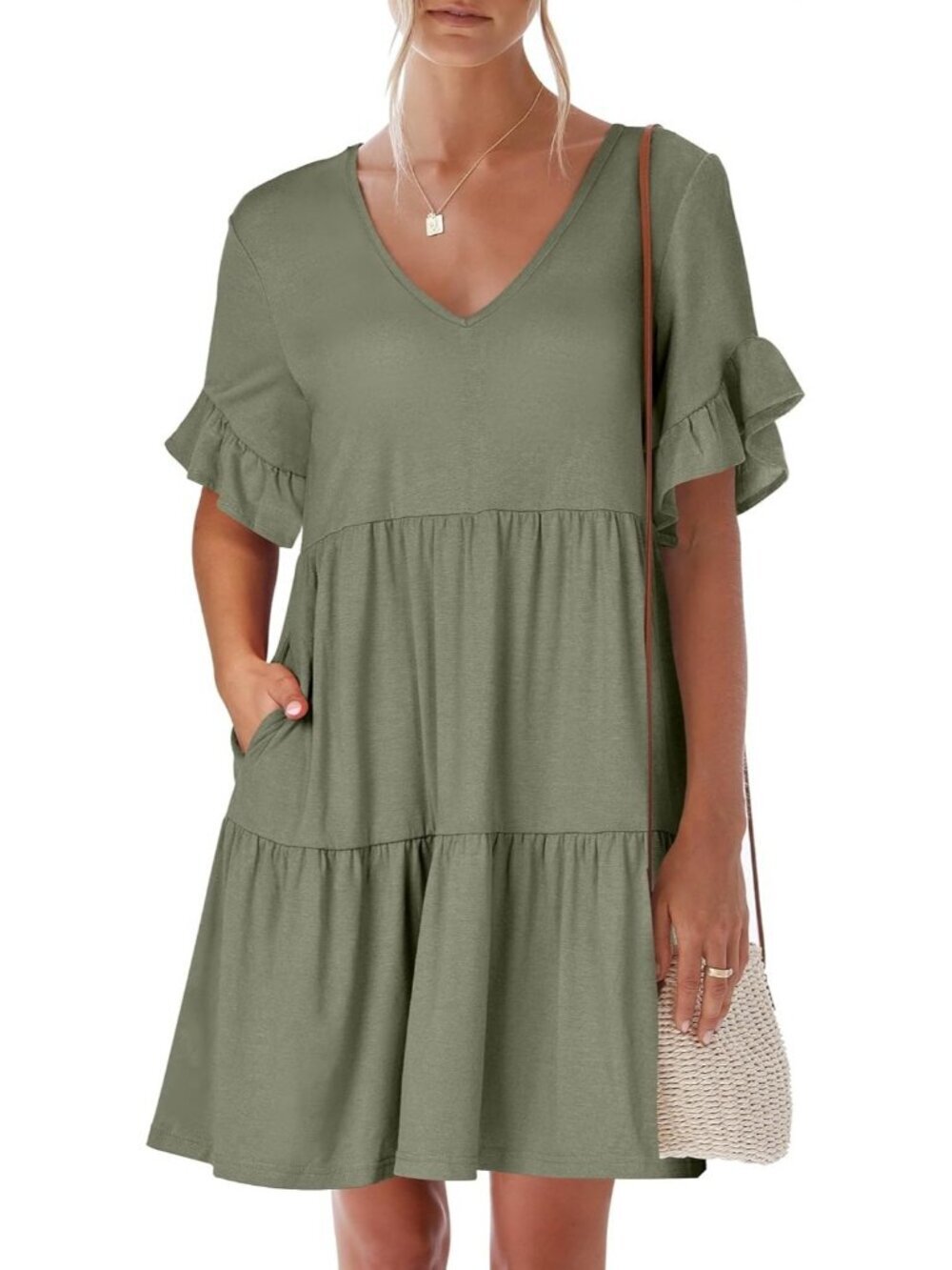 Anrabess Women's Army Green Neck Ruffle Sleeve A Line Tiered Mini Flowy Dress